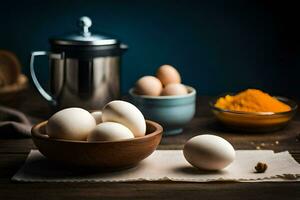 Eier im ein Schüssel auf ein hölzern Tisch. KI-generiert foto