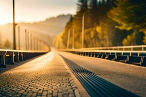 ein lange Brücke mit das Sonne leuchtenden auf Es. KI-generiert foto