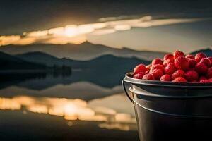 ein Eimer von Erdbeeren auf das See. KI-generiert foto