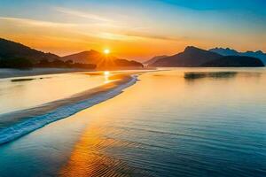 das Sonne setzt Über ein Strand und Berge. KI-generiert foto