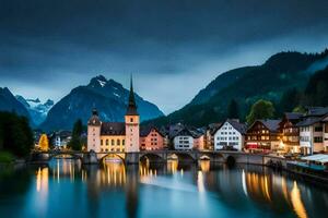 Foto Hintergrund das Himmel, Berge, Wasser, Stadt, Brücke, Kirche, Kirche, Kirche,. KI-generiert