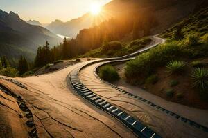 ein Wicklung Straße im das Berge mit das Sonne Einstellung. KI-generiert foto