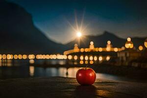 ein Apfel sitzt auf das Boden im Vorderseite von ein See. KI-generiert foto