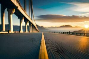 ein lange Brücke mit das Sonne Rahmen hinter Es. KI-generiert foto