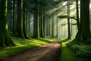 ein Pfad durch ein Grün Wald mit Sonnenlicht leuchtenden durch das Bäume. KI-generiert foto