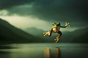 ein Frosch Springen in das Luft auf ein See. KI-generiert foto