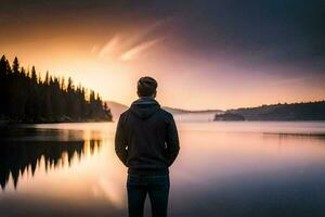 ein Mann Stehen im Vorderseite von ein See beim Sonnenuntergang. KI-generiert foto