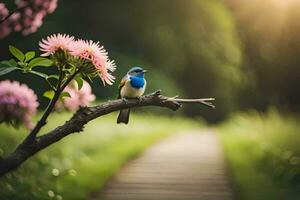 ein Blau Vogel thront auf ein Ast im Vorderseite von Rosa Blumen. KI-generiert foto