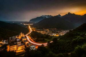 ein Stadt und Berge beim Nacht. KI-generiert foto