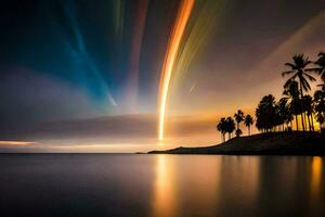 ein lange Exposition fotografieren von ein lange Linie von Licht Kommen von das Himmel. KI-generiert foto