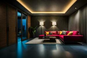 ein modern Leben Zimmer mit ein Rosa Couch und dunkel Holz Wände. KI-generiert foto
