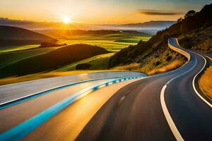 ein Wicklung Straße mit das Sonne Rahmen hinter Es. KI-generiert foto