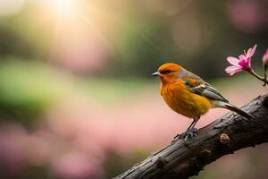 ein klein Orange Vogel ist Sitzung auf ein Ast. KI-generiert foto