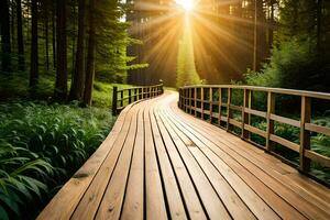 hölzern Brücke im das Wald beim Sonnenuntergang. KI-generiert foto