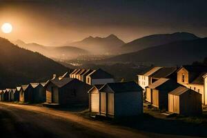 das Sonne setzt Über ein Reihe von Strand Hütten im das Berge. KI-generiert foto