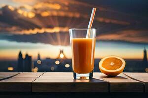 ein Glas von Orange Saft mit ein Stroh auf ein Tabelle im Vorderseite von ein Stadt Horizont. KI-generiert foto