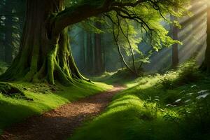 ein Pfad durch ein Wald mit Bäume und Gras. KI-generiert foto