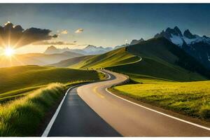 ein Straße im das Berge mit das Sonne Einstellung. KI-generiert foto