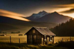 ein klein hölzern Hütte sitzt im das Mitte von ein Feld. KI-generiert foto