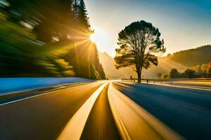 ein Auto Fahren auf ein Autobahn beim Sonnenuntergang. KI-generiert foto