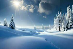 Winter Landschaft mit Schnee bedeckt Bäume und Sonne. KI-generiert foto