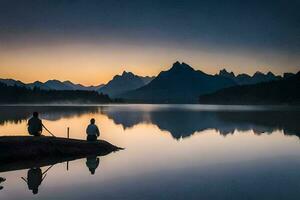 zwei Menschen sitzen auf ein Felsen im Vorderseite von ein See beim Sonnenuntergang. KI-generiert foto