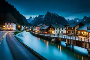 ein Fluss läuft durch ein Stadt, Dorf beim Nacht. KI-generiert foto