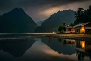 ein klein Haus sitzt auf das Ufer von ein See. KI-generiert foto