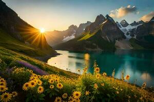 das Sonne steigt an Über das Berge und Blumen im das Vordergrund. KI-generiert foto