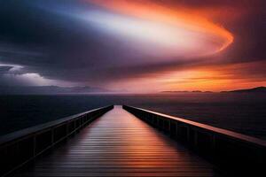 ein lange Seebrücke mit ein dunkel Himmel und ein stürmisch Himmel. KI-generiert foto