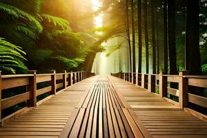 ein hölzern Brücke im das Wald mit Sonne leuchtenden. KI-generiert foto