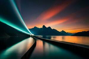 ein lange Brücke Über Wasser mit Berge im das Hintergrund. KI-generiert foto