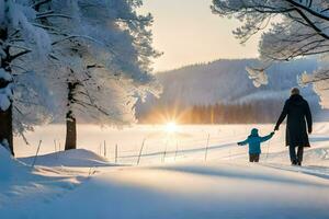 ein Frau und Kind Gehen im das Schnee. KI-generiert foto