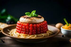 ein Teller mit Spaghetti und Tomaten auf Es. KI-generiert foto