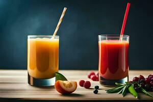 zwei Brille von Saft mit Strohhalme und Beeren. KI-generiert foto