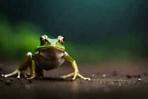 ein Frosch ist Stehen auf das Boden mit es ist Augen offen. KI-generiert foto