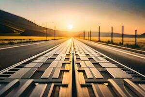 ein lange Straße mit das Sonne Rahmen hinter Es. KI-generiert foto