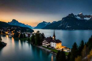 ein Kirche und Berg Angebot beim Sonnenuntergang. KI-generiert foto