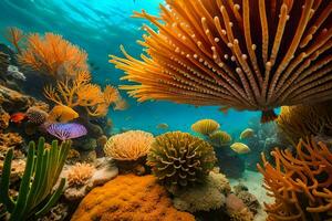 ein unter Wasser Szene mit bunt Korallen und Meer Anemonen. KI-generiert foto