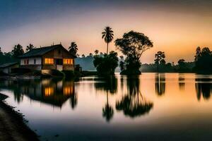 ein Haus auf das Ufer von ein See beim Sonnenuntergang. KI-generiert foto