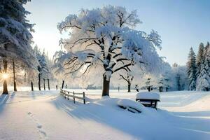 ein schneebedeckt Winter Szene mit Bäume und ein Bank. KI-generiert foto