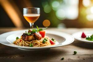 ein Teller von Spaghetti mit Fleisch und Gemüse auf ein hölzern Tisch. KI-generiert foto