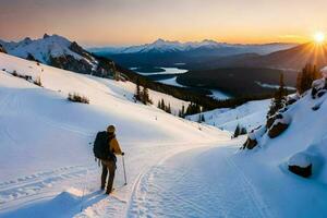 ein Person auf Ski ist Gehen Nieder ein schneebedeckt Neigung. KI-generiert foto
