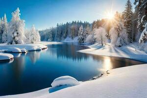 ein schneebedeckt Fluss im das Winter. KI-generiert foto