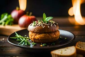 ein Sandwich mit Brot und Äpfel auf ein schwarz Platte. KI-generiert foto