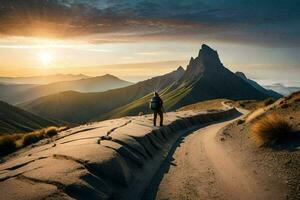 ein Mann Spaziergänge auf ein Straße im das Berge. KI-generiert foto