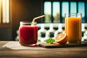 zwei Brille von Saft auf ein hölzern Tisch. KI-generiert foto