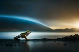 ein Frosch Sitzung auf das Kante von ein Felsen im Vorderseite von ein See. KI-generiert foto