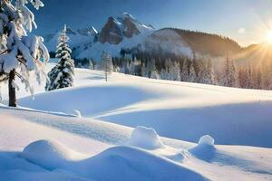 Schnee bedeckt Berge und Bäume beim Sonnenuntergang. KI-generiert foto