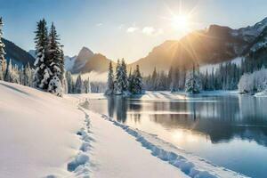 Schnee bedeckt Berge und ein See im das Winter. KI-generiert foto